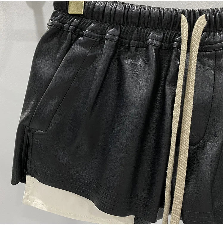 Women's Fashion Basic PU Leather Four Corner Pockets Comfortable Shorts New Versatile Black Short Pants
