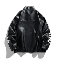 Casual Leather Jacket For Men Solid Color Letter-Embroidered Printed