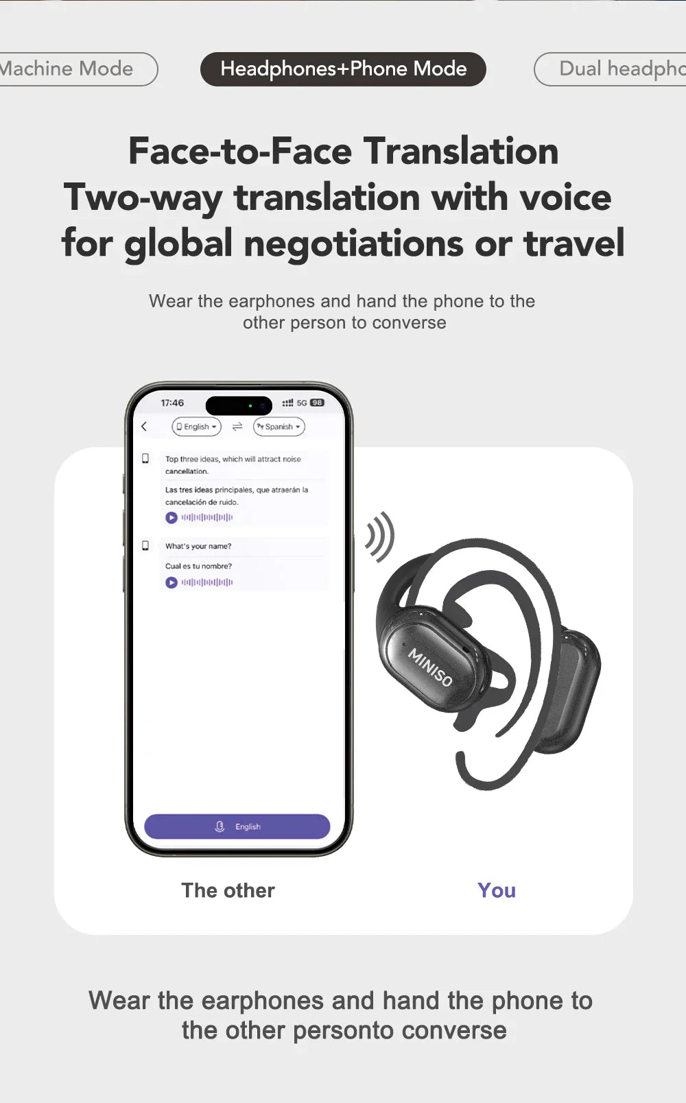 MINISO X30 Wireless Headphones Bluetooth Translation Earbuds Chat Headset Office Travel,real-time Translate Equalizer APP