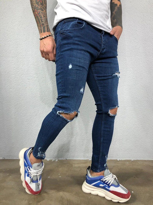 Distressed Knee Holes Elastic Skinny Jeans Men Ripped Biker Denim Pants