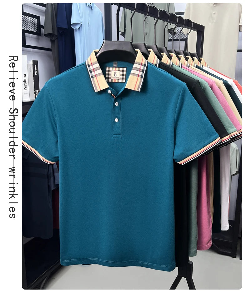 High end silky cotton breathable short sleeve polo shirt men's summer new trend plaid lapel designer brand casual golf T-shirt