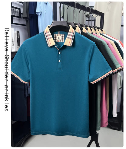 High end silky cotton breathable short sleeve polo shirt men's summer new trend plaid lapel designer brand casual golf T-shirt
