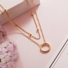 Stainless Steel Double Layer Bead Annulation Pendant Necklace For Women Stacked