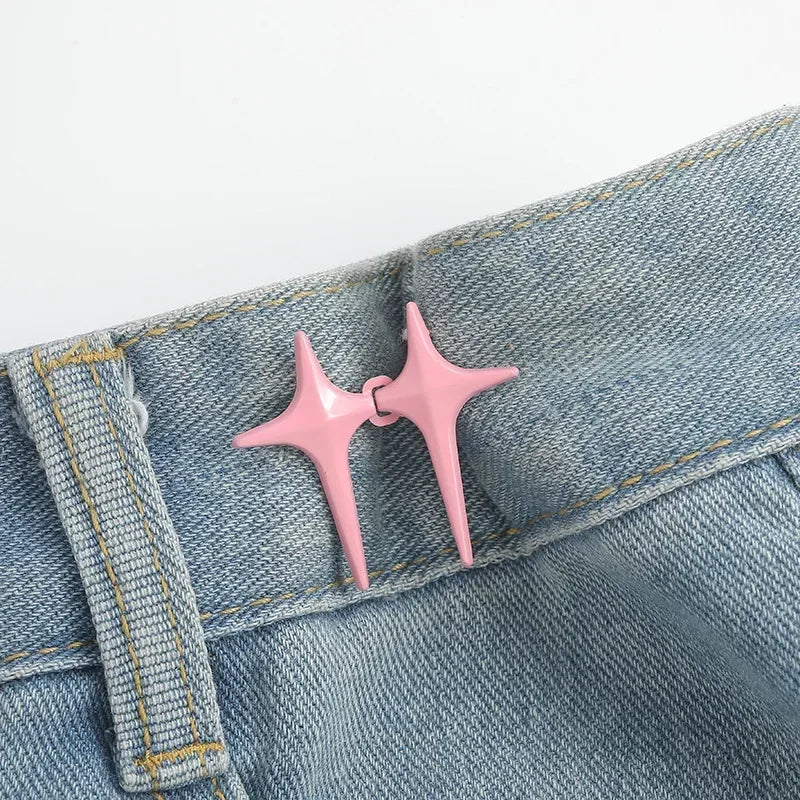 1Pair Cross Star Waist Buckle Adjustable Detachable Pants Clips Waist Tightener Nail-free Metal Button Snaps for Jeans Decor
