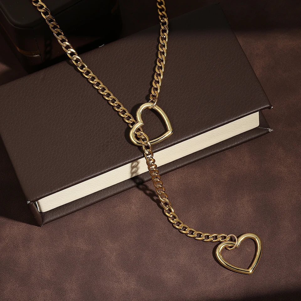 ZAKOL Adjustable Stainless Steel Cuban Link Necklace Hollow Heart Y-Shaped Necklace Punk Rock Style Party Accessories