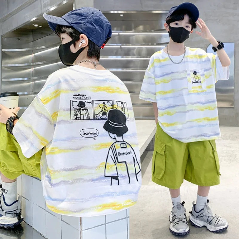 2025 Summer Boys' 2-Piece Set: Tie-Dye Striped Short Sleeve with Cartoon Back Graphic & Matching Shorts - 2 Color Options