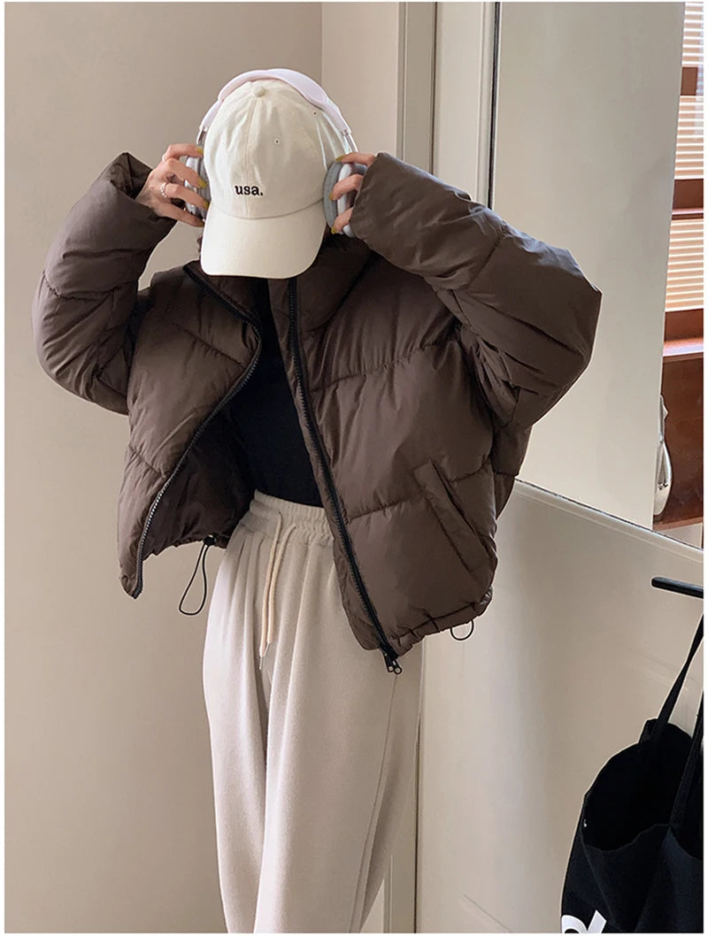 Korean Fashion Women Puffy Coats Simple Solid Loose Short Parkas Winter Thick