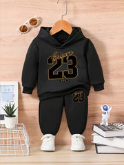 Baby boy long sleeved size 23 digital pattern fleece long sleeved hooded sweatshirt+long pants two-piece set suitable for casual