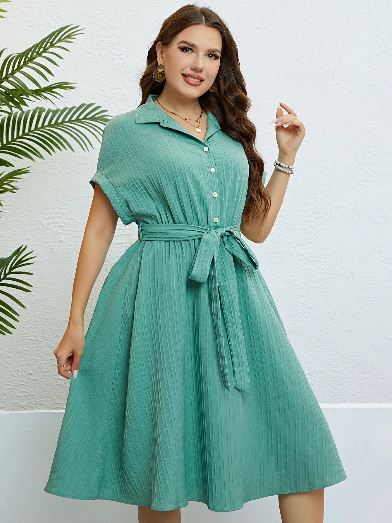 Turndown Collar Button Belt Female Midi Oversized Dresses Urban Casual Short Sleeve Summer Dress For Women Plus Size Clothing