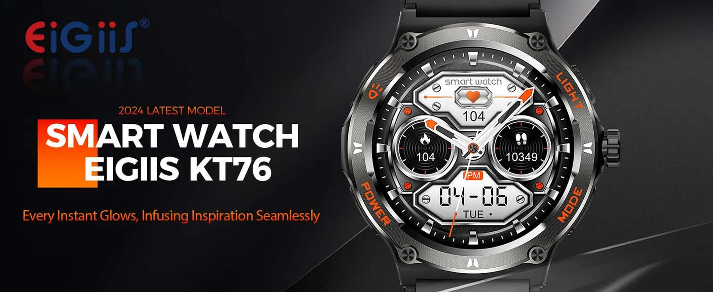 EIGIIS Smart Watch 3ATM Waterproof 1.53" KT76 Men Sport With Compass And LED Flashlight Heart Rate Sleep Analysis Bluetooth Call