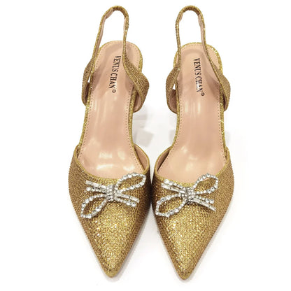 Venus Chan 2023 New Fashionable Pointed Toe Ladies Sandal Shoes Matching Bag Set in Gold Color For Nigerian Women Wedding