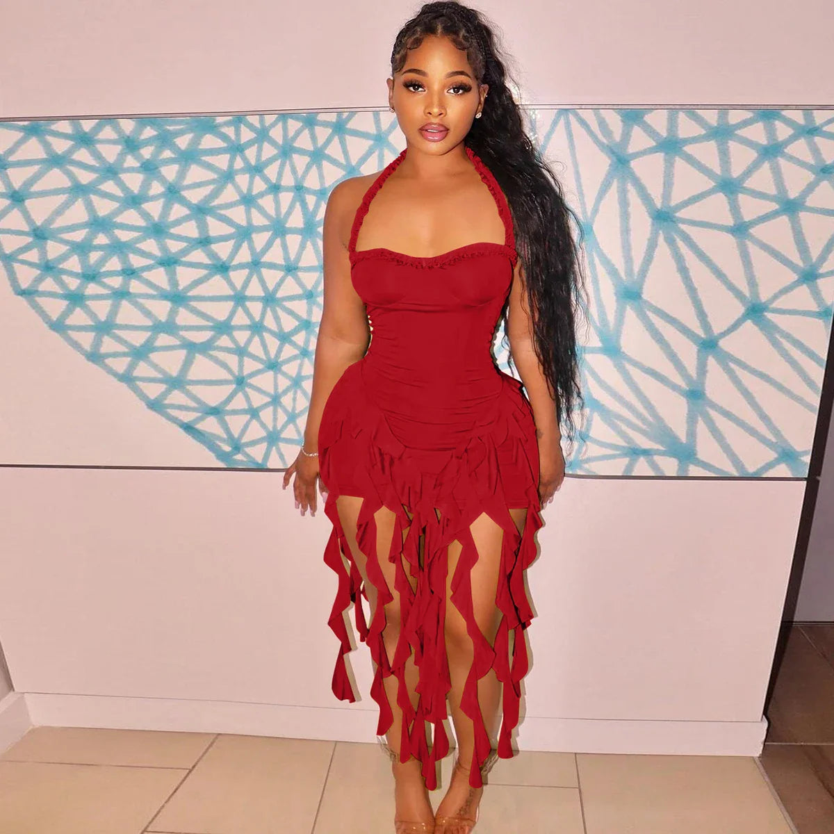Hugcitar Elegant Halter Solid Ruffles Backless Taseel Sexy Slim Mini Dress Spring Women Cute Outfits Birthday Party Vacation