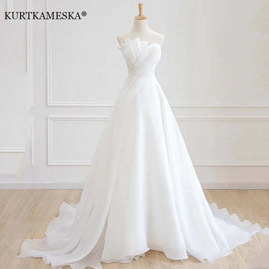 Homecoming Dresses: White Satin Chiffon Strapless Wedding Trailing Dresses for Bride
