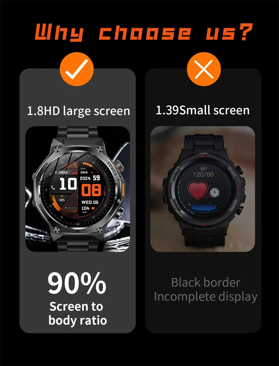 Rugged Outdoor Sports AK82 Smartwatch 1.85" HD Touchscreen 800mAh Long Battery Life Fitness Tracker Calorie Distance Smart Watch