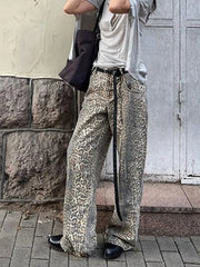 Retro Baggy Leopard Print Women Jeans Y2k American Wide Leg Pants