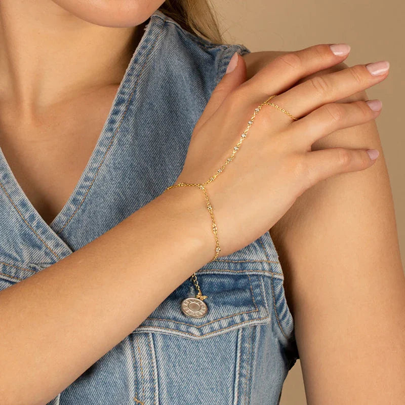 2023 Summer Jewelry Pendant Link Chain Ring Bracelet for Women White Green Blue Stone CZ Gold Plated Adjust Bracelet Accessories