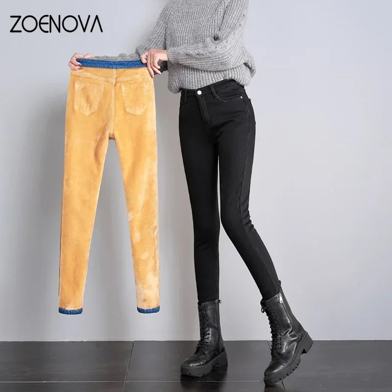 Women Thick Velvet Jeans Fleece  Warm Korean Fashion High Waist Skinny Elastic Pants