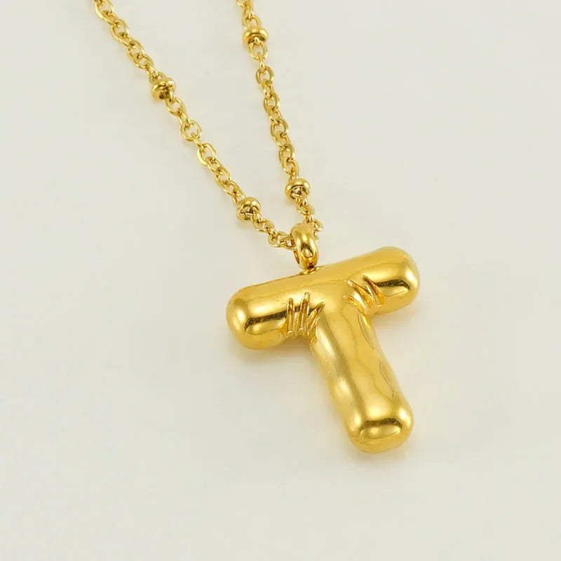 Vintage Stainless Steel Balloon Bubble Chunky Letter Necklace for Women 18K Gold