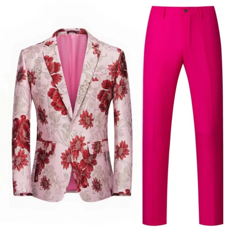 Tuxedo for Mens: Men Suit 2 Pieces Orange Flower Pattern One Button