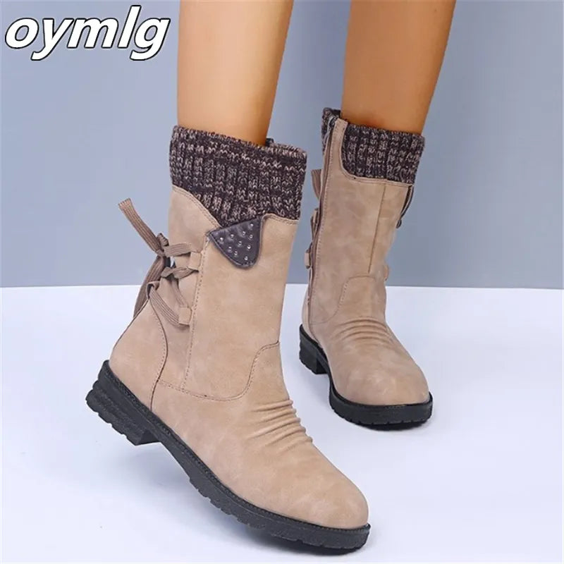 Winter Women Mid-Calf Boots Fashion Snow Boots Retro Zipper Warm Boots