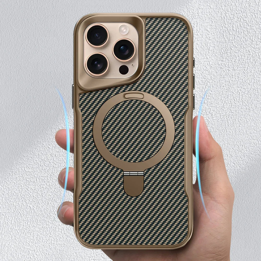 Desert Titanium metal holder carbon fibre magnetic phone case for iPhone 17 16E 15  Pro Max magsafe charging armor hard case