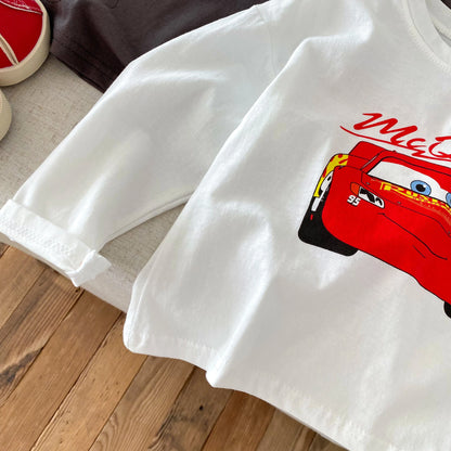 Fashion New Cartoon Car Boys Long Sleeved T-shirts Tops Crewneck Printed Loose Casual Kids Base Shirts Children's Clothes Blouse