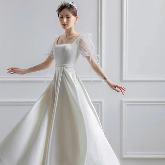 White Satin Wedding Dresses for Bride Formal Elegant Puff Sleeve Evening Formal Dress