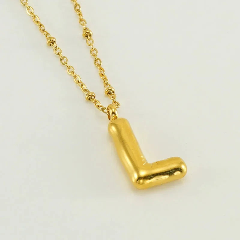 Vintage Stainless Steel Balloon Bubble Chunky Letter Necklace for Women 18K Gold