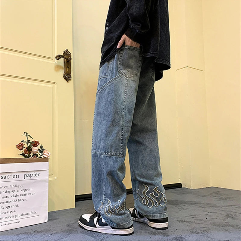 Y2K Printed Jeans For Men Baggy Streetwear Wide Leg Denim Trousers