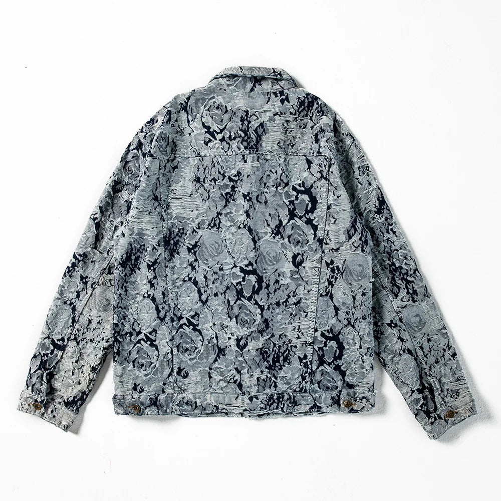 Men Ripped Distressed Denim Jacket Flower Jacquard Weave Embroidery Coat
