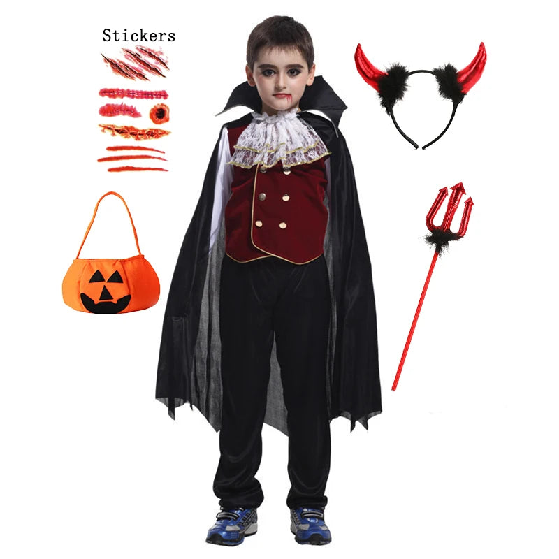 Kids' Halloween Gothic Vampire & Day of The Dead Cosplay Costumes for Boys Top + Pants + Cloak Set Scary Fantasy Outfits