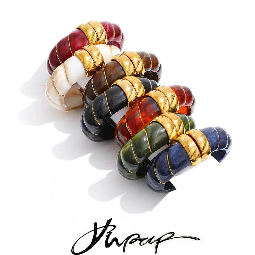 Yhpup Exclusive Multi-Color Acrylic Resin Wide Statement Bracelet Bangle Stainless Steel Autumn Winter Sweater Wrist Jewelry