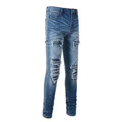 Men Biker Jeans Classic Blue Pleated Patch Patchwork Ripped Pants Streetwear