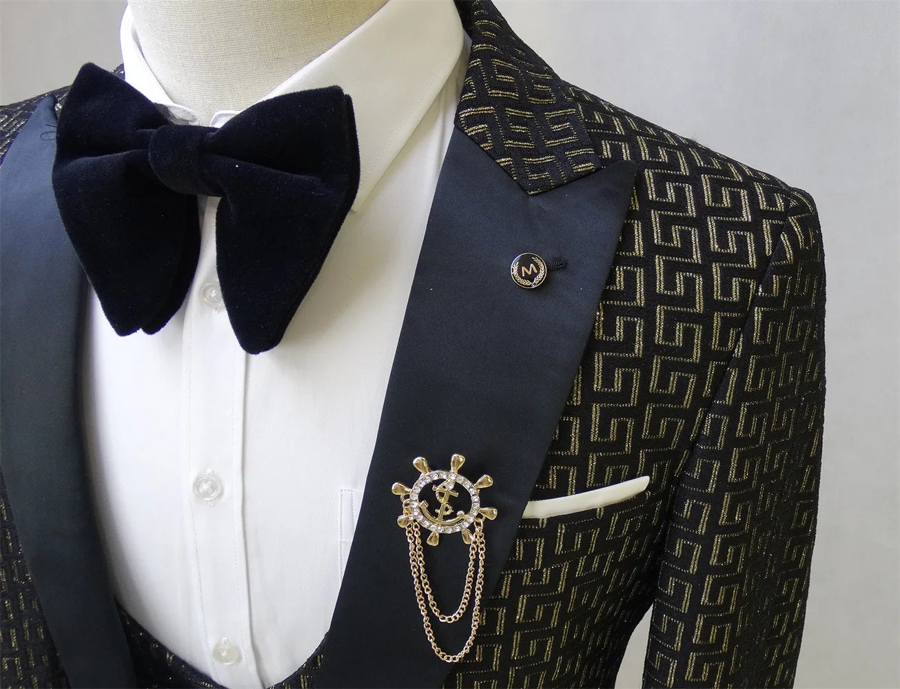 Black and White Men's Suit 3-piece Gold Palace Print Road Wedding Costume Men