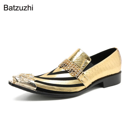 Batzuzhi Grey/Gold Formal Business, Party Shoes Men Luxury Italian Men's Shoes Pointed Metal Toe Leather Dress Shoes Men