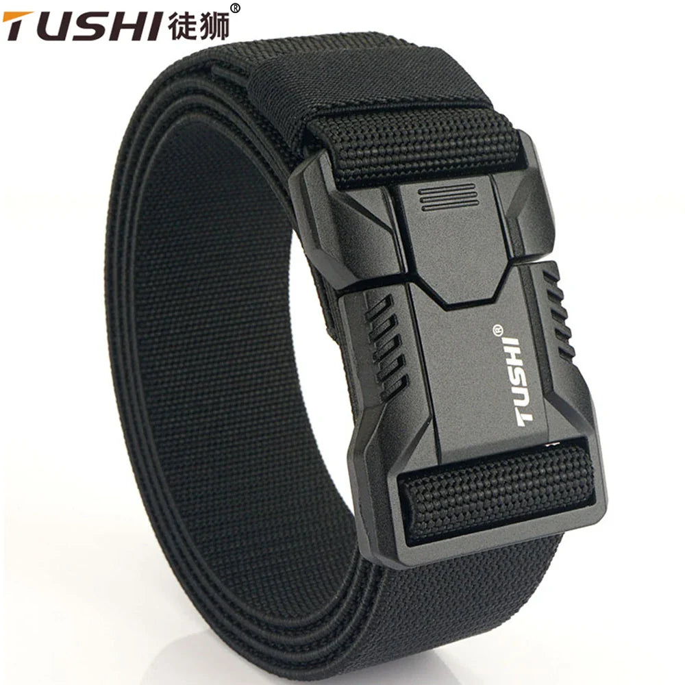 TUSHI Aluminum Alloy Quick Release Pluggable Buckle Elastic Belts For Men Durable Tactical Belt Cowboy Outdoor Army Belt Hunting
