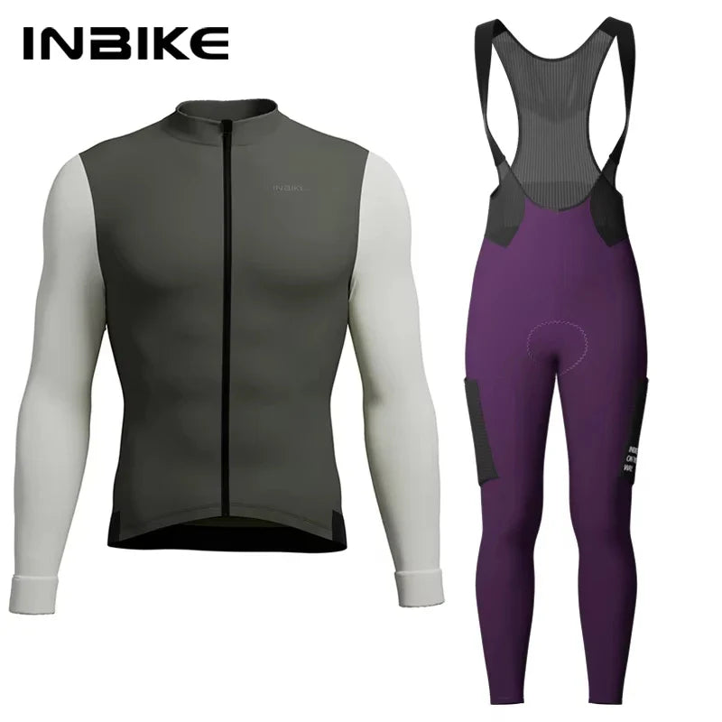 INBIKE Winter Cycling Clothing for Men Fleece Cycling Sets Long Sleeve Jersey with Pockets Long Bicycle Bib Pants for Road Bikes