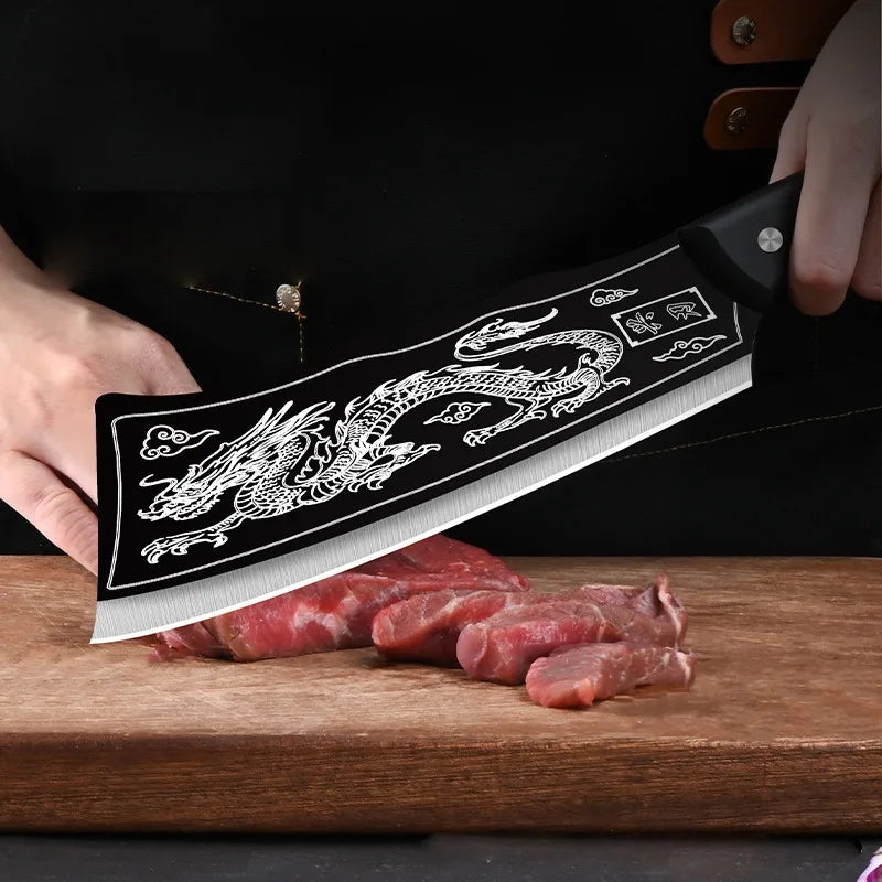 Dragon Pattern Forged Bone Chopping Knife Stainless Steel Meat Cleaver Sharp Knife