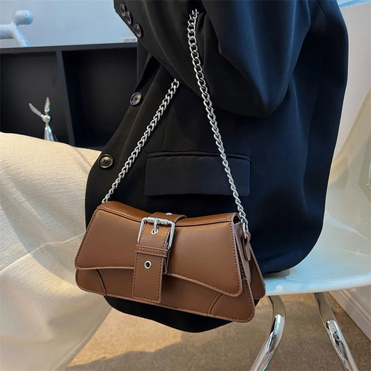 Solid color Women Chain Shoulder Side Bag Small PU Leather Handbag