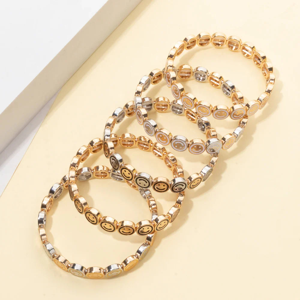 2024 New Happy Bangle Paved Diamond Enamel Beaded Bracelets For Women Boho Gold Color Elastic Bracelets