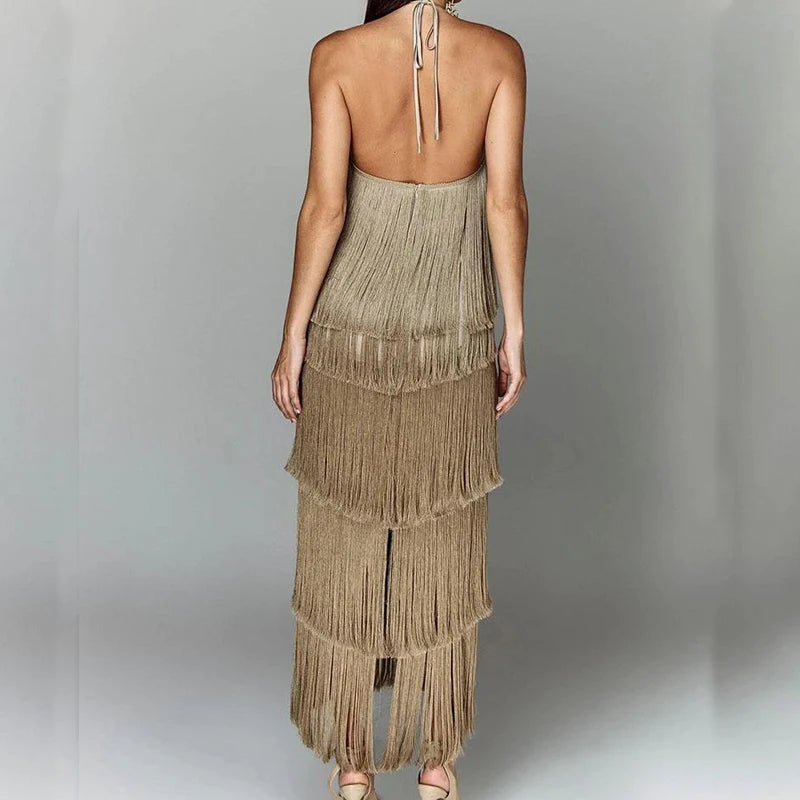 Fashion Layered Solid Color Dress Ladies Sexy Off-Shoulder High Waist Slim Dress Chic Club Party Fringed Sleeveless Long Dress