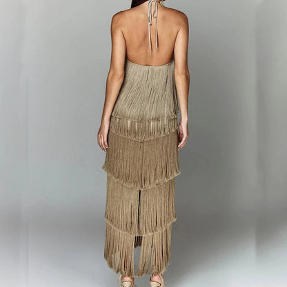 Fashion Layered Solid Color Dress Ladies Sexy Off-Shoulder High Waist Slim Dress Chic Club Party Fringed Sleeveless Long Dress