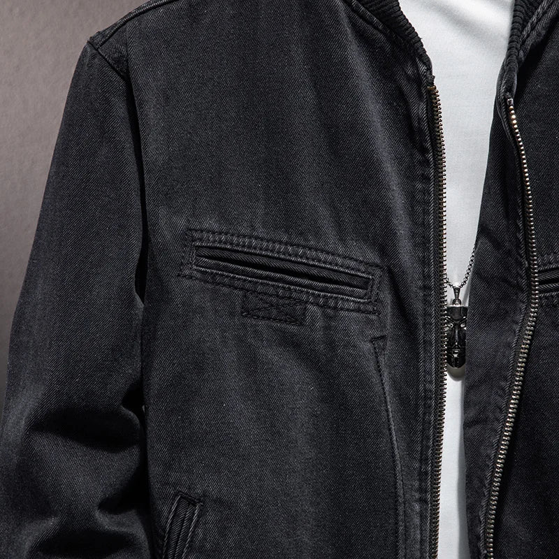 Autumn New Stand Collar Zipper Denim Jacket Men Casual British Slim Black Coat