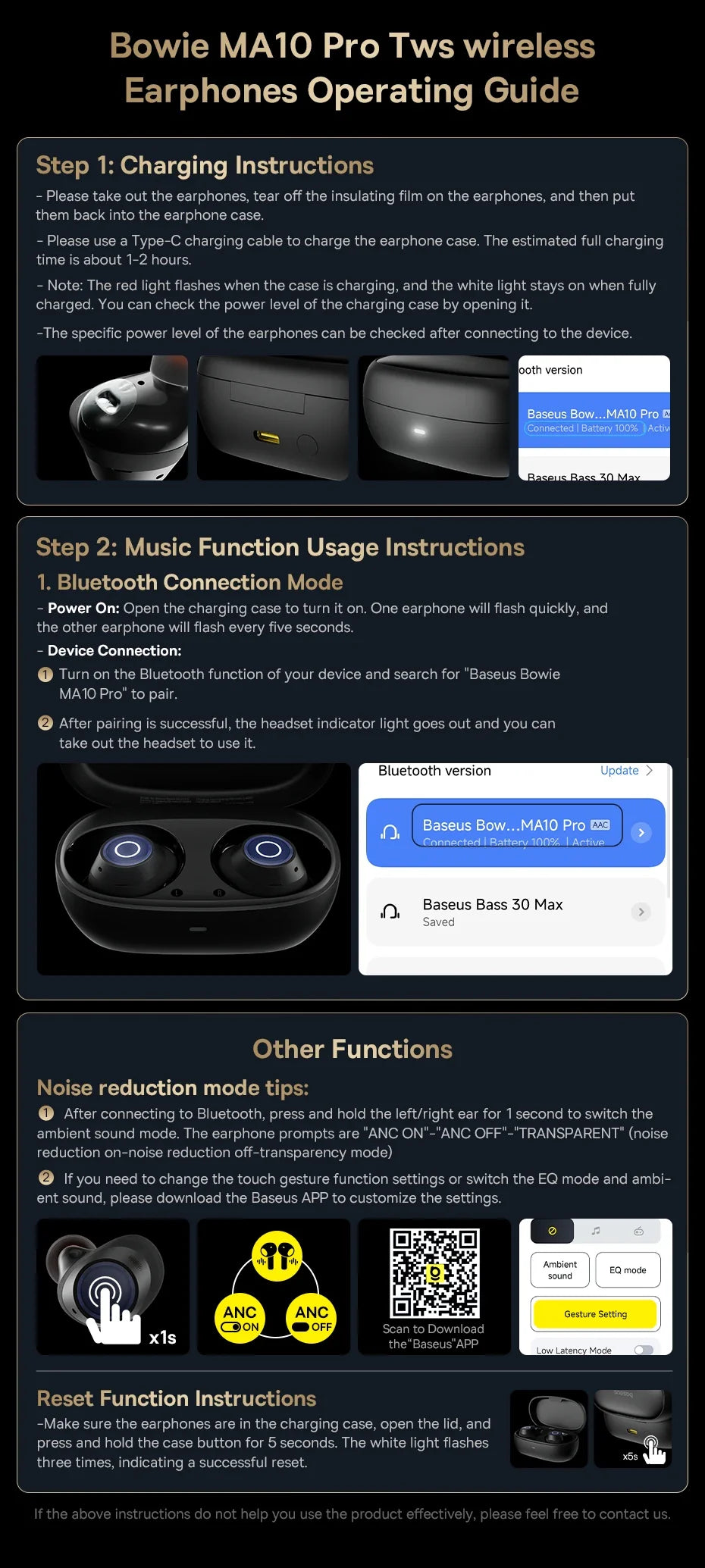 Baseus Bowie MA10 Pro ANC Wireless Earphones 48dB Hybrid ANC Bluetooth 5.3 Earbuds IPX6 Waterproof 4-Mics ENC Sports Headphones