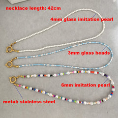 Imitation Pearl Necklace Women Choker Seed Beads Rainbow Stainless Steel