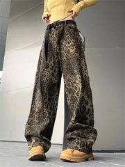 Women Fashion High Street Wide Leg Punk Leopard Jeans Streetwear Vintage Denim Pants