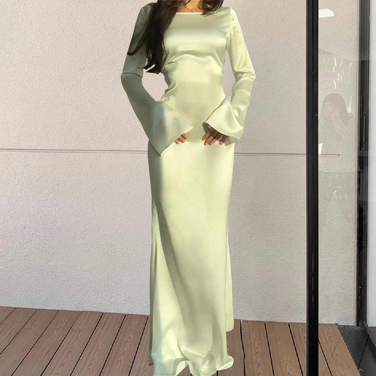 Formal attire Dresses: Round Neck Satin Flare Sleeve Women Dress