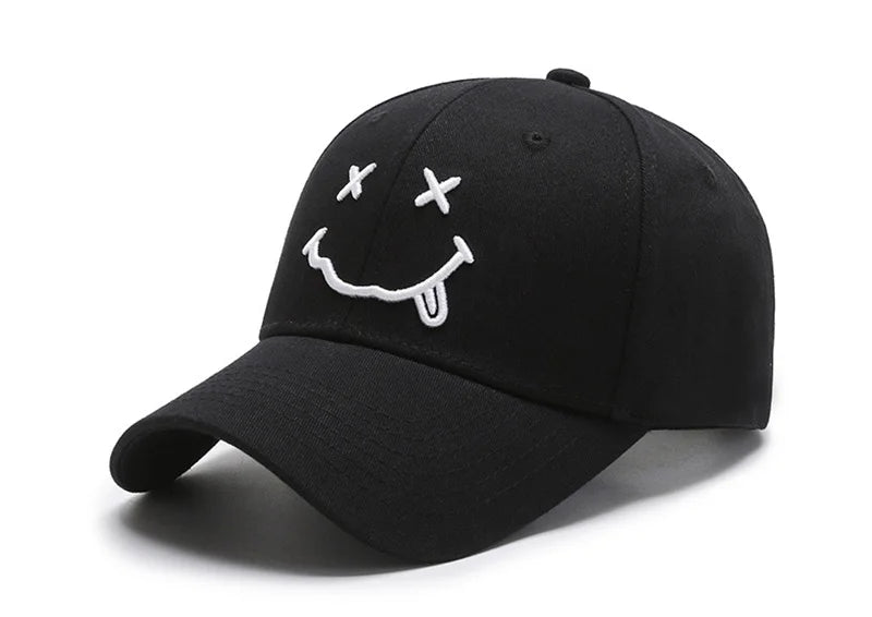 Women's Smiley Face Embroidery Baseball Caps Kpop Black Cotton Adjustable