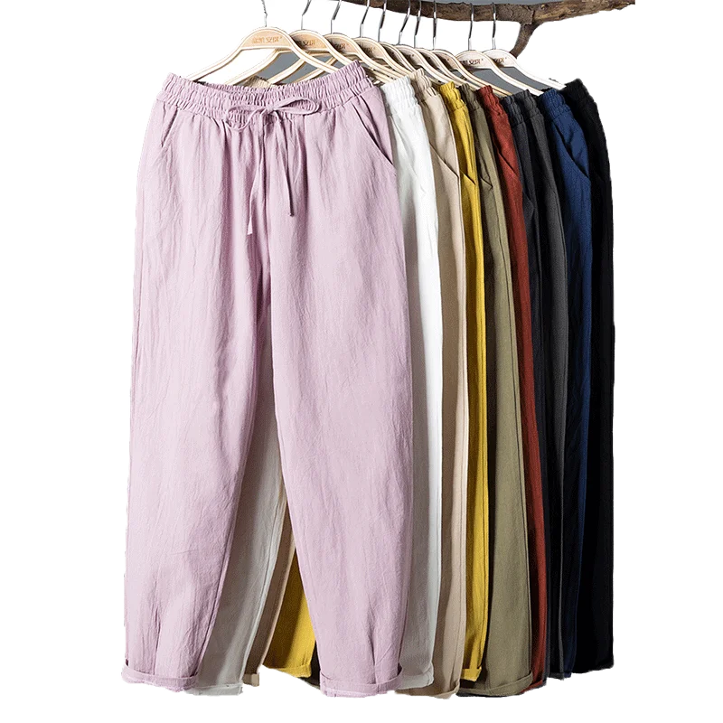 Womens Spring Summer Pants Cotton Linen Solid Elastic waist Candy Colors Harem Trousers