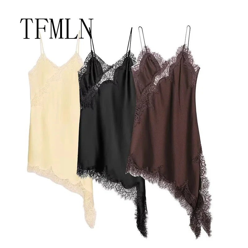 Women Sexy Irregular Lace Dress Fashion V Neck Hem Suspender Long Dresses 2025 New Fashion Party Vestidos